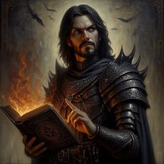 a painting of a man in armor holding a book with flames coming out of it