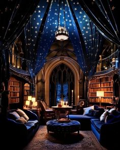 a living room filled with lots of furniture and bookshelves covered in blue stars