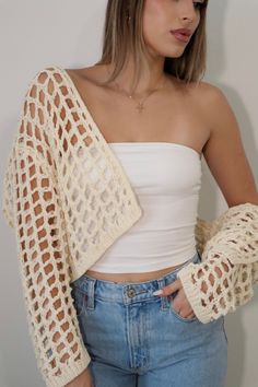 DETAILS: Crochet Knit Crop Cardigan True to size Fabric: 100% Cotton Model 1 is wearing size S Knit Crop Cardigan, Crop Cardigan, Knit Crop, Cropped Cardigan, Knit Cardigan, Cream, Knitting, Crochet, Fabric