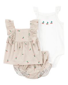 Crafted in soft cotton with three pieces in one, this short set is complete with a flutter-sleeved top, coordinating bottoms and a sleeveless bodysuit for mixing and matching. Baby Outfits For Boys, Baby Girl Things, Outfits For Boys, Baby Closet, Reborn Baby Doll, Shorts Sets, Baby Girl Outfit, Baby Supplies