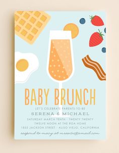 a baby brunch party with eggs, waffles and bacon on it