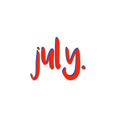 the word july written in red and blue ink on a white background with an orange outline