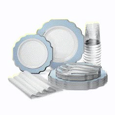 blue and white dinnerware set with silver rimmed plates, napkins and forks