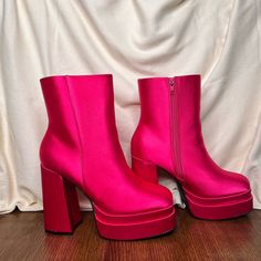 5in Heel With 2in Platform. Hot Pink Satin. True To Size Party Platform Boots With Padded Heel And Closed Toe, Ankle-high Platform Boots With Padded Heel For Parties, Pink Platform Boots For Party In Fall, Pink Fall Party Platform Boots, Party Heels With Chunky Platform And High Ankle, Pink Chunky Platform Boots With Round Toe, Pink Platform Boots With Chunky Round Toe, Pink Platform Boots With Chunky Sole And Round Toe, Pink Round Toe Platform Boots For Party