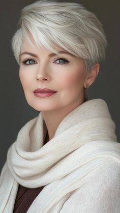 Here are some stylish and flattering hairstyles for women over 70 that embrace elegance and ease: Classic Bob: A timeless bob that falls at the chin or shoulders offers a polished look. It’s versatile and can be styled straight or with soft waves. Short Pixie Cut: A chic pixie cut can be both modern and low-maintenance, highlighting facial features and adding a youthful touch. Soft Layers: Adding soft layers to medium-length hair can create movement and volume without overwhelming the face. Ladies Short Hair, Jayne Matthews, Pixie Haircut Ideas, Short White Hair, Stacked Hair, Short Silver Hair, Greasy Hair, Hairstyle Short, Short Grey Hair