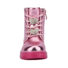 Let your little one step out in style with the Space Case combat boots! These adorable boots feature glitter heart details that add a playful sparkle to their rugged design. Crafted for durability and comfort, they are perfect for adventurous toddlers. Easy to wear and versatile, the Space Case boots will make every outing feel special and fun. Trendy Pink Glitter Boots, Pink Leather Boots With Lug Sole, Pink Glitter Boots With Round Toe, Winter Pink High-top Combat Boots, Pink Leather Mid-calf Boots With Round Toe, Baby Girl Combat Boots, Pink Boots Kids, Metallic Boots, Olivia Miller