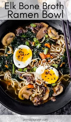 an image of a bowl of ramen soup with mushrooms, spinach and eggs