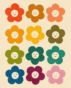 a bunch of colorful flowers with faces drawn on them, all in different colors and sizes