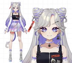 an anime character with long white hair and blue eyes, wearing short grey wigs