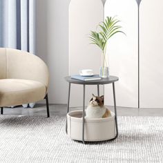 a cat is sitting in its bed next to a table with a potted plant on it