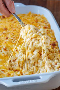 a spoonful of macaroni and cheese being lifted from a casserole dish