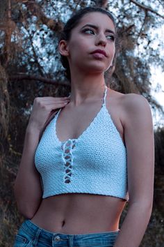 This white crochet crop top - bralette is the perfect outfit for festival goer, beachwear and summer days. If you want to be unique in your boho chic style, then choose this bralette. This crochet crop top has an adjustable halter design, adjustable ties on neck and back. YARN: 100% pure cotton. COLOR: Here shown in White (R001). You can choose any of the colors shown in samples. (Please note that light effect, monitor's brightness, contrast etc. may cause a slight color difference) SIZE: The me White Crochet Crop Top, Knit Bralette, Beachy Chic, Boho Coat, Crochet Bathing Suits, Knitted Crop Top, Hippie Top, Crochet Beanie Pattern, Hippie Tops