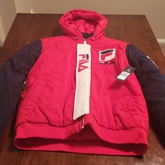 Mens Fila Jacket. Size Xl. Color Red, Blue, And White. Material Nylon. Red Nylon Outerwear With Pockets, Red Hooded Sport Coat For Winter, Hooded Red Sport Coat For Winter, Fila Jacket, Fila Vintage, Black Puffer, Parka Jacket, Hooded Coat, Red Jacket