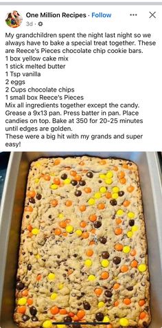 a cookie sheet with candy bars and chocolate chips in it on top of a pan