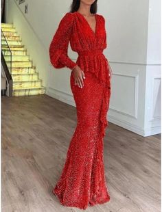 Mermaid / Trumpet Evening Gown Elegant Dress Formal Floor Length Long Sleeve V Neck Sequined with Glitter Pleats Ruffles Elegant White Dress, Gown Elegant, Beautiful White Dresses, Floral Embellishment, Dresses Formal Elegant, Evening Gowns Elegant, Detachable Collar, White Dresses For Women, Womens Floral Dress