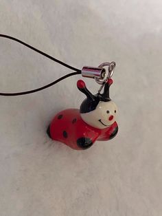 a red and black ladybug charm on a brown cord with a white background