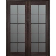 double doors with glass panels on each side and brown wood trimmings, in front of a white background