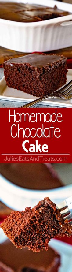 a slice of homemade chocolate cake on a plate with a fork in the foreground