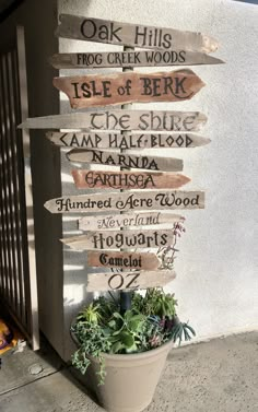 a potted plant sitting next to a wooden sign on the side of a building