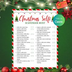 a christmas self scavenger hunt is shown on a green background with red and white ornaments