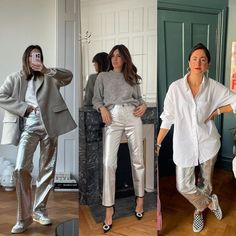 Style Silver Pants, Metallic Pants Outfit Silver, Silver Pant Outfit, Silver Pants Outfit Casual, Silver Leather Pants Outfit, Silver Metallic Pants Outfit, Silver Trousers Outfits, Silver Jeans Outfit, Silver Pants Outfit