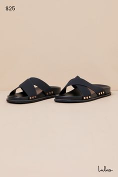 The Lulus Sevyn Black Studded Slide Sandals are essential for looking trendy all season long! These stylish summer sandals are composed of smooth faux leather that shapes an almond-shaped footbed and wide, crisscrossing vamp straps adorned with shiny gold studded details at the sides. A contoured insole completes the sleek and simple slide-on design. 0. 25" foam sole. Smooth insole. Foam sole has nonskid markings. Man made materials. Imported. Lulus | Sevyn Black Studded Slide Sandals. Spring Break Outfit, Almond Shaped, Summer Sandals, Sandals Summer, Gold Studs, Slide Sandals, Apparel Accessories, Shoes Sandals, Almond