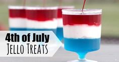 red, white and blue jello treats in glasses with toothpicks sticking out