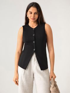 Longline Button-Down Waistcoat Waistcoat Outfits For Women, Waistcoat Outfit, Long Waistcoat, Waistcoat Woman, Ootd Inspo, White Sleeveless Blouse, Mommy Style, Casual Work Outfits, Down Vest