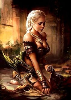 a painting of a woman in armor kneeling down next to a dragon