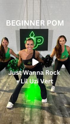 two women in black and green cheerleader outfits are dancing on a wooden floor with the words, just wanna rock lil uzi vert