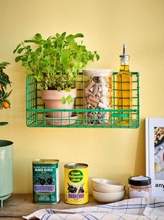 some plants and food are sitting on a shelf