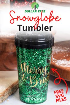 a starbucks cup with merry and bright glitter on it, sitting next to some slices of bread