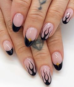 black french tips with flame design Basic Manicure, Black French Tip Nails, Black French Tip, French Tip Manicure, Witch Nails, Minimal Nails Art, Love Dark, Black French Tips, Minimal Nails