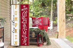 a porch decorated for christmas with holiday decorations