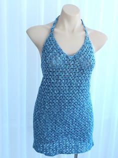 READY TO SHIP NOW Blue sparkly lacy crochet body con dress, cocktail dress, festival dress, party dress.  Please make sure to check your own measurements against the model's measurements before buying. This dress will fit size  8 to 10 in Australian sizes. ( stretches up to 2cm) depending on how tight you like to wear your dresses. FIND MORE DRESSES HERE: https://www.etsy.com/your/shops/me/tools/listings/section:41165872,sort:title,order:ascending,stats:true MODEL'S MEASUREMENTS:   Bust- 87cm. U Elegant Backless Party Beach Dress, Stretch Halter Neck Backless Dress For Beach, Beach Stretch Halter Neck Backless Dress, Fitted Mini Crochet Dress For Beach Cover-up, Party-ready Backless Beach Sundress, Fitted Halter Neck Beach Dress For Party, Summer Beachwear Halter Dress For Party, Summer Stretch Backless Dress For Beach, Summer Party Beach Dress With Stretch