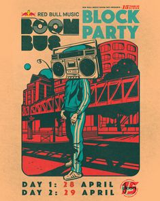 a poster for the black party with a man holding a boombox in his hand