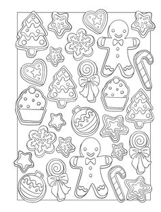 a coloring page with cookies and candies