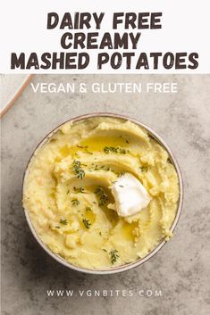 dairy free mashed potatoes in a bowl with text overlay