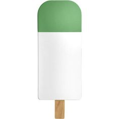 a green and white popsicle on a stick with a wooden tip in the shape of an ice cream cone