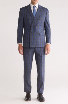 Double-breasted construction and peaked lapels distinguish a suit tailored from crisp plaid-patterned fabric. Jacket has double-breasted button closure; peaked lapels; four-button cuffs; chest pocket; flap pockets; interior pockets Trousers have zip fly with hook-and-bar closure; slant pockets; back button-welt pockets Unhemmed Jacket is lined; trousers are lined to the knee 63% Terylene polyester, 35% rayon, 2% spandex Dry clean Imported Asian & Pacific Islander Owned/Founded Suit Separates, Tailored Suits, Nordstrom Store, Double Breasted Suit, Patterned Fabric, Fit Check, Flap Pocket, Welt Pocket, Welt Pockets