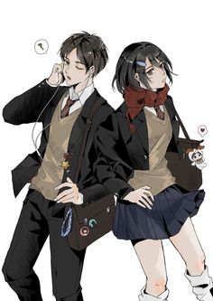 two people dressed in school uniforms are standing next to each other