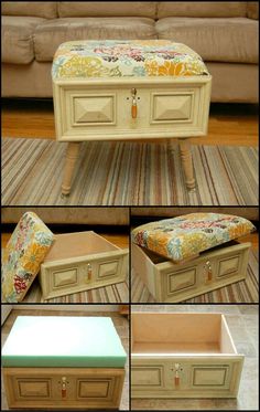 four different pictures of an old dresser with drawers and cushions on the top, below it