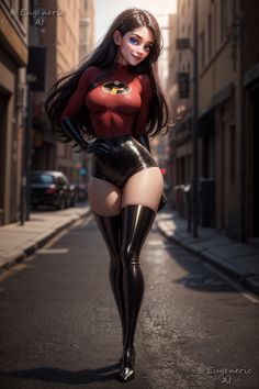 a woman in black latex is walking down the street with her hands on her hips