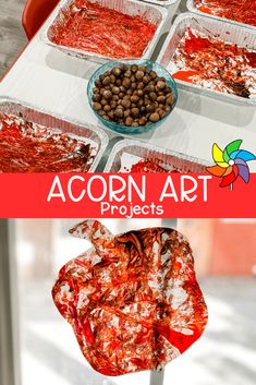 the process of making acorn art project for kids is shown in red and white