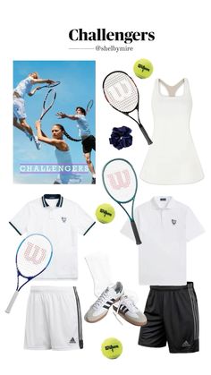 the tennis outfit is white and has two rackets, shoes, and an advertisement on it