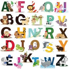 an alphabet with animals and letters on it