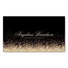 an elegant business card with gold glitters on black and white paper, which reads arganna brandon cosmetologist