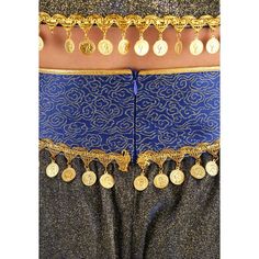 This gorgeous two-piece genie costume is a magical pick for any costume party. The crop-top buttons up the front and is trimmed with gold coins. The matching harem pants have a short zipper down the back to make slipping into these pants easy. A mysterious gold-trimmed veil tops off this mythical look, tying around the back of your head to keep it in place. Fitted Gold Sets For Costume Party, Bollywood Style Gold Sets For Festival, Bollywood Gold Sets For Festival, Gold Festival Sets, Gold Party Sets For Festival, Bollywood Style Party Bottoms For Festivals, Gold Sets For Festival Celebrations, Gold Sets For Celebration And Festival, Festive Harem Sets For Festivals