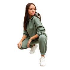 Solid Green Cotton Blend Hoodie and Pants Set Hoodie And Pants Set, Womens Oversized Hoodie, Hoodie And Pants, Feminine Women, Two Piece Pants Set, Solid Green, Sports Trousers, Green Hoodie, Sweatpants Set