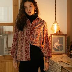 Aemi Vintage Paisley Floral Shirts Blouse Floral Shirts Women, Vintage Floral Shirt, Floral Shirt Women, Aesthetic Clothing Stores, Floral Shirts, Korean Clothes, Lantern Sleeved Blouses, Long Sleeve Button Up Shirt, Ladies Top